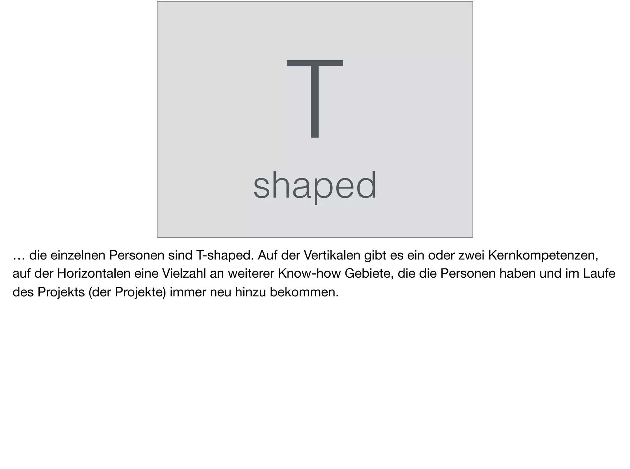 T
shaped
… die einzelnen Personen sind T-shaped. Auf der Vertikalen gibt es ein oder zwei Kernkompetenzen,
auf der Horizontalen eine Vielzahl an weiterer Know-how Gebiete, die die Personen haben und im Laufe
des Projekts (der Projekte) immer neu hinzu bekommen.
 
