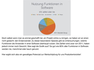 Nutzung Funktionen in
Software
7 %
13 %
16 %
45 %
19 %
Rarely Never Used Sometimes Often Always
2011 Standish Group
2/3: selten oder nie
Doch selbst wenn man es einmal geschaﬀt hat, ein Projekt online zu bringen, so haben wir an einen
nicht gedacht: den Endanwender. Zu dieser besonderen Spezies gibt es Untersuchungen, welche
Funktionen die Anwender in einer Software überhaupt nutzen. Die Zahlen sind zwar von 2011, haben
jedoch immer noch Gewicht. Was sagt die Graﬁk aus? So gut wie 80% aller Funktionen in Software
werden nie, manchmal oder kaum genutzt.

Hier ergibt sich also ein gewaltiges Potenzial zur Wertschöpfung für uns Produktentwickler!
 