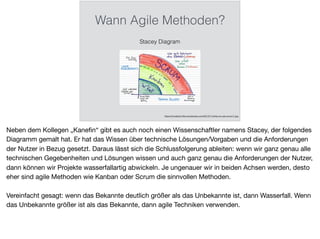 Wann Agile Methoden?
Stacey Diagram
https://crossbolt.ﬁles.wordpress.com/2013/11/when-to-use-scrum1.jpg
Neben dem Kollegen „Kaneﬁn“ gibt es auch noch einen Wissenschaftler namens Stacey, der folgendes
Diagramm gemalt hat. Er hat das Wissen über technische Lösungen/Vorgaben und die Anforderungen
der Nutzer in Bezug gesetzt. Daraus lässt sich die Schlussfolgerung ableiten: wenn wir ganz genau alle
technischen Gegebenheiten und Lösungen wissen und auch ganz genau die Anforderungen der Nutzer,
dann können wir Projekte wasserfallartig abwickeln. Je ungenauer wir in beiden Achsen werden, desto
eher sind agile Methoden wie Kanban oder Scrum die sinnvollen Methoden.

Vereinfacht gesagt: wenn das Bekannte deutlich größer als das Unbekannte ist, dann Wasserfall. Wenn
das Unbekannte größer ist als das Bekannte, dann agile Techniken verwenden.
 