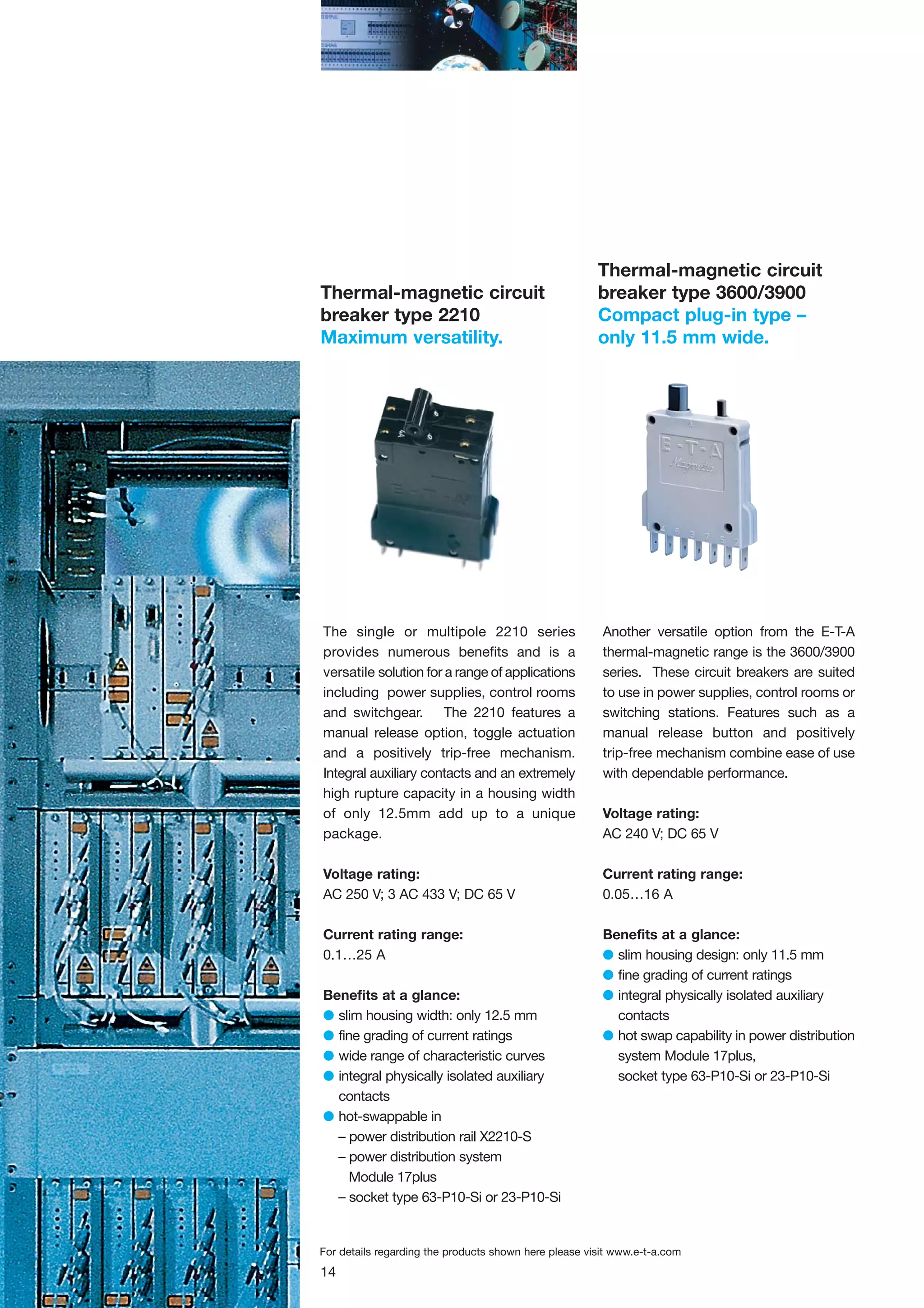 Thermal-magnetic circuit
breaker type 2210
Maximum versatility.

Thermal-magnetic circuit
breaker type 3600/3900
Compact plug-in type –
only 11.5 mm wide.

The single or multipole 2210 series
provides numerous benefits and is a
versatile solution for a range of applications
including power supplies, control rooms
and switchgear. The 2210 features a
manual release option, toggle actuation
and a positively trip-free mechanism.
Integral auxiliary contacts and an extremely
high rupture capacity in a housing width
of only 12.5mm add up to a unique
package.

Another versatile option from the E-T-A
thermal-magnetic range is the 3600/3900
series. These circuit breakers are suited
to use in power supplies, control rooms or
switching stations. Features such as a
manual release button and positively
trip-free mechanism combine ease of use
with dependable performance.

Voltage rating:
AC 250 V; 3 AC 433 V; DC 65 V

Current rating range:
0.05…16 A

Current rating range:
0.1…25 A

Benefits at a glance:
G slim housing design: only 11.5 mm
G fine grading of current ratings
G integral physically isolated auxiliary
contacts
G hot swap capability in power distribution
system Module 17plus,
socket type 63-P10-Si or 23-P10-Si

Benefits at a glance:
G slim housing width: only 12.5 mm
G fine grading of current ratings
G wide range of characteristic curves
G integral physically isolated auxiliary
contacts
G hot-swappable in
– power distribution rail X2210-S
– power distribution system
Module 17plus
– socket type 63-P10-Si or 23-P10-Si

Voltage rating:
AC 240 V; DC 65 V

For details regarding the products shown here please visit www.e-t-a.com

14

 