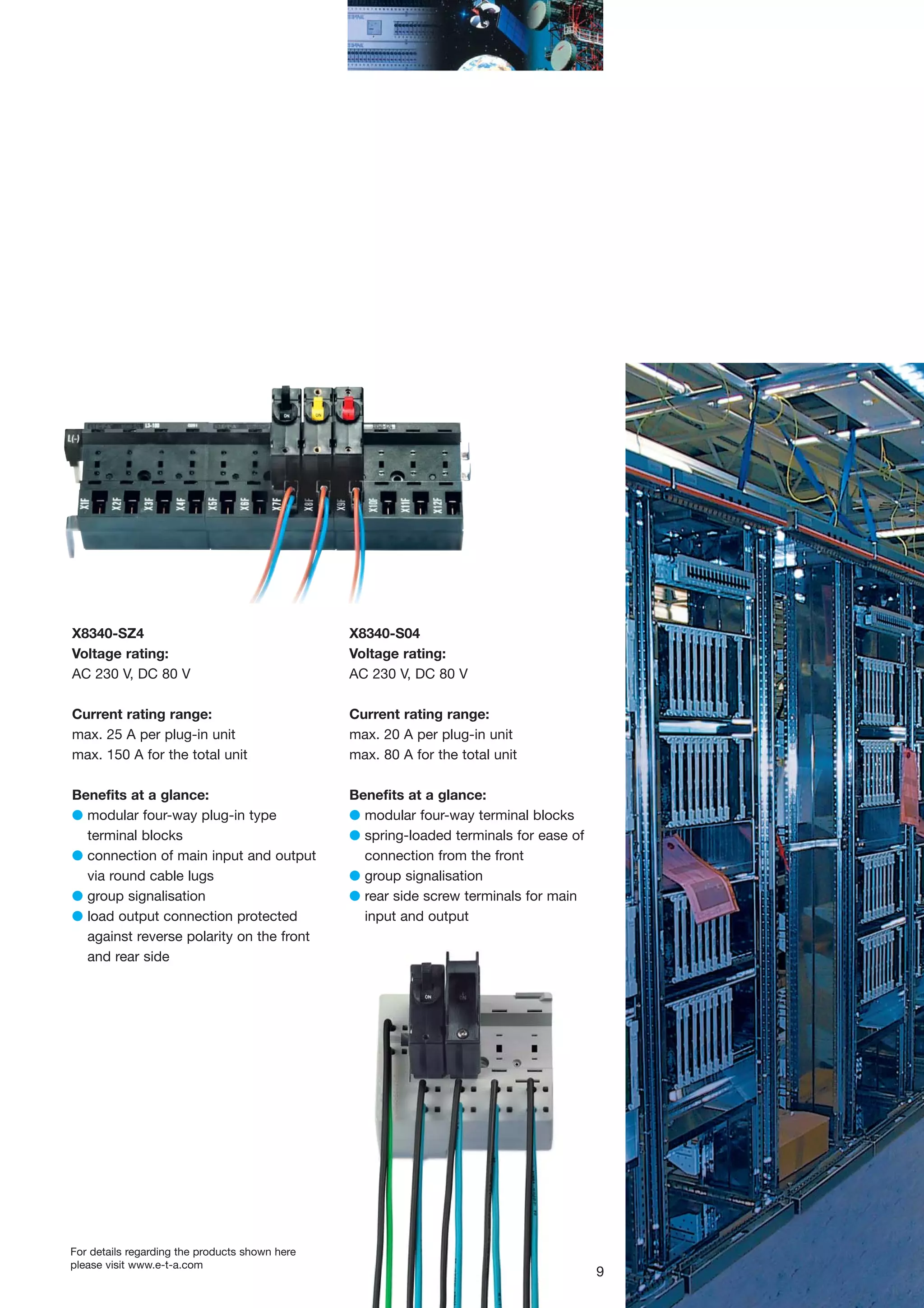 X8340-SZ4
Voltage rating:
AC 230 V, DC 80 V

X8340-S04
Voltage rating:
AC 230 V, DC 80 V

Current rating range:
max. 25 A per plug-in unit
max. 150 A for the total unit

Current rating range:
max. 20 A per plug-in unit
max. 80 A for the total unit

Benefits at a glance:
G modular four-way plug-in type
terminal blocks
G connection of main input and output
via round cable lugs
G group signalisation
G load output connection protected
against reverse polarity on the front
and rear side

Benefits at a glance:
G modular four-way terminal blocks
G spring-loaded terminals for ease of
connection from the front
G group signalisation
G rear side screw terminals for main
input and output

For details regarding the products shown here
please visit www.e-t-a.com

9

 