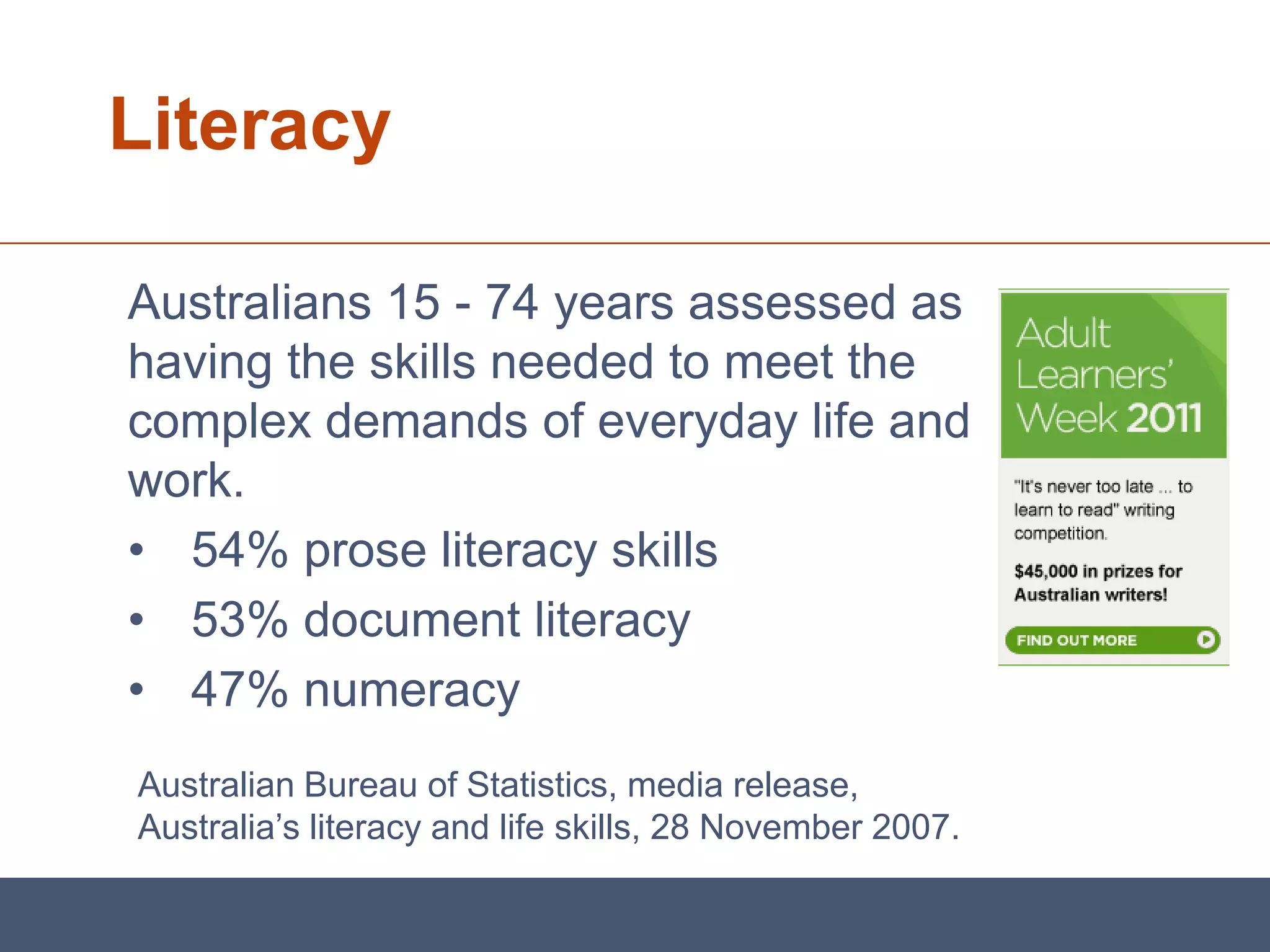 Literacy

Australians 15 - 74 years assessed as
having the skills needed to meet the
complex demands of everyday life and
work.
• 54% prose literacy skills
• 53% document literacy
• 47% numeracy
Australian Bureau of Statistics, media release,
Australia’s literacy and life skills, 28 November 2007.
 