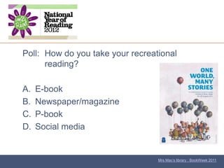 Poll: How do you take your recreational
      reading?

A.   E-book
B.   Newspaper/magazine
C.   P-book
D.   Social media


                                  Mrs Mac’s library : BookWeek 2011
 