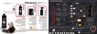 POLISHING SYSTEM
POLISHING COMPOUNDS
20
ΕΤ1010
Absolute Cut Compound
Perfect blend of aggressivness &
polishing one-step action. Extra cut
compound is designed for the most
demanding polishing tasks, removes
scratches from abrasive P1200 and
leaves deep glossy surface.
APPLICATION
By polisher with ETALON wool pad
or white diamond polishing pad.
Metal Polish
Polish for all metal parts:
chrome, brass, copper, nickel,
stainless steel and other
surfaces. Cleans, polishes,
removes rust and leaves
protective film.
APPLICATION
By foam applicator or polish-
ing foam ball and buff with
ETALON microfiber.
Top Inspection
Spray for effective inspection
of compounding processes.
Perfect for cleaning of com-
pound residues & for thorough
inspection of the polishing
process prior to next step.
Safe on all paint
surfaces. Also recommended
to be used with
ETALON polishing clay.
APPLICATION
By hand with ETALON
microshine wipe or soft
polishing wipe.
CODE DIMENSIONS PACKAGING
ET/MET-930/750 can 750ml 6 pcs / cart.
CODE DIMENSIONS PACKAGING
ET/TOP-007 bottle 500ml 6 pcs / cart.
74 8 9
1 2 3 5 64 9
3
cut 7
6
10
21 5
8
10
CODE DIMENSIONS PACKAGING
ΕΤ1010 bottle 1kg 6 pcs / cart.
www.etalon.gr
Absolute Cut Compound!
Let it work for YOU!
 