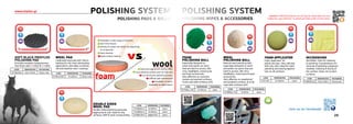 POLISHING SYSTEM
POLISHING PADS & BALLS
SOFT BLACK PROFILED
POLISHING PAD
Provides excellent hologrammes
free finish with ET1003 & ET1004.
WOOL PAD
Calibrated wool pad with Velcro
backing for the most demanding
applications, like deep scratches
old and weather-worn coatings.
www.etalon.gr
- Available in wide range of hardness
- Swirl-free results
- Variety of colours for better distinguishing
of compounds
- Easy cleaning
- Quick surface heating
foam
wool
vs
- Quick and aggressive cutting eﬀect
- Cool polishing surface even on high rpm
- Lint during the polishing process
Diﬃcult pad maintenance
- Possibility of swirls
especially on dark colours
CODE DIMENSIONS PACKAGING
ΕΤ1502505 150 x 25mm 30 pcs / cart. CODE DIMENSIONS PACKAGING
ΕΤ/DLZ150V Ø 150mm 30 pcs / cart.
DOUBLE SIDED
WOOL PAD
Double sided polishing wool pad,
aggressive & soft. Ideal for big
surfaces, GRP & boat compounding.
CODE DIMENSIONS PACKAGING
ΕΤ/2WOOL-A Ø 200mm piece
ΕΤ/2WOOL-S Ø 200mm piece
ΕΤ/WAD-M14 adaptorM14 piece
24
FOAM
POLISHING BALL
Especially designed to
reach and polish car parts
that are hard to access, like
rims, headlights, motorcycle
and boat accessories.
Very effective on sensitive
metals and painted surfaces.
To be used with ordinary drill.
WOOL
POLISHING BALL
Natural wool polishing ball,
especially designed to reach
and polish car parts that are
hard to access, like rims,
headlights, motorcycle & boat
accessories.
Very effective on weathered
and oxidized surfaces, & to be
used with ordinary drill.
FOAM APPLICATOR
Foam applicator for
polish and wax. Very soft pad
with tiny cells, ideal for hand
polishing and waxing applica-
tion on all surfaces.
MICROSHINE
Microfiber cloth for cleaning
& polishing. Extraordinary for
removal of polishing compound
residues, cleaning & drying of
the surface. Does not scratch
surfaces.
CODE DIMENSIONS PACKAGING
ET/FBALL-100 Ø 100mm piece CODE DIMENSIONS PACKAGING
ET/WBALL-76 Ø 76mm piece
CODE DIMENSIONS PACKAGING
ET/F-APL Ø 1Ο0mm piece
CODE DIMENSIONS PACKAGING
ΕΤ/MICRO-01 0.36 x 0.36m 50 pcs/cart.
POLISHING SYSTEM
POLISHING WIPES & ACCESSORIES
Caution! ETALON products are strictly for those who are true
craftsmen, pay attention to detail and take pride at their work.
25
Join us on facebook!
 