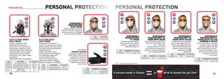 36
A1P3 ELIPSE SPRAY
HALF-MASK
A unique spray paint mask
designed to fit the contours
of your face to increase comfort,
reduce wearer fatigue & to give
maximum field of vision. Approved
under EN14387 A1P3 for protec-
tion against toxic dust particles,
metal fumes, mist, organic odours
and vapours.
Replacement filters are available.
P3 ELIPSE DUST
HALF-MASK
Designed to fit the contours
of your face. Non-allergic, medical
grade materials, latex and silicone
free. Easy 4-point adjustable light
weight head strap.
Flexible materials to fit the
curvature of the face & patented
low profile filter design give
maximum field of vision.
Non-return exhaust valve to
reduce risk of wearer’s fatigue.
Replacement filters are available.CODE DIMENSIONS PACKAGING
SPR338 A1P3 spray half-mask piece
SPR341 A1P3 replacement cartridge pack of 2
SPM420 prefilter kit, pack of 10 pairs pack
SPM421
replacementkit,
5 pairs + 2 retainers
pack
CODE DIMENSIONS PACKAGING
SPR229 P3 dust half-mask piece
SPR316 P3replacementfilters 2 pcs / pack
premium
NITRILE GLOVES
Unbeatable quality nitrile
black gloves. Extra strong,
comfortable, resistant to
solvents, oil, grease and
dirt. Suitable for all jobs in
bodyshop and mechanic
service shop.
CODE DIMENSIONS PACKAGING
ET/JPRO-L - L - 100pcs/box
ET/JPRO-XL - XL - 100pcs/box
CODE PACKAGING
ΕΤ/ΗΥ98850 50 pcs / box
DISPOSABLE
RESPIRATORY
DUST MASK
Simple respiratory protection
mask from non toxic substances
and dust particles. Comfortable,
does not cause skin irritations.
PERSONAL PROTECTIONwww.etalon.gr
36
DISPOSABLE
RESPIRATORY
Ρ1 MASK
Provides protection against
toxic fine dust 4 times higher
than OEL*. Approved by CE
0086 EN149:2001 A.
DISPOSABLE
RESPIRATORY P1
MASK WITH VALVE
Provides protection against toxic
fine dust 4 times higher than
OEL*. Comes with
exhalation valve for ease of
use and prevents temperature
increase in the mask. Approved
by CE 0086 EN149:2001
DISPOSABLE
RESPIRATORY P2
MASK WITH VALVE
Provides protection against fine
dust 10 times higher than OEL*.
Comes with exhalation valve for
ease of use and prevents tem-
perature increase in the mask.
Approved by CE 0086
EN149:2001
DISPOSABLE
RESPIRATORY Ρ1
MASK WITH ACTIVE
CARBON & VALVE
Active carbon filter neutralizes
harmful odours. Provides
protection against toxic fine
dust 4 times higher than OEL*.
Comes with exhalation valve
for ease of use and prevents
temperature increase
in the mask.
CODE DIMENSIONS PACKAGING
ΕΤ/ΗΥ8610 FFP1 20 pcs / box
CODE DIMENSIONS PACKAGING
ΕΤ/ΗΥ8612 FFP1 10 pcs / box
CODE DIMENSIONS PACKAGING
ΕΤ/ΗΥ8622 FFP2 10 pcs / box
CODE DIMENSIONS PACKAGING
ΕΤ/ΗΥ8616 FFP1 10 pcs / box
37
PERSONAL PROTECTION
OEL* - Occupational Exposure Limit
 