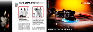 38
PERSONAL PROTECTION
38
PAINTERS OVERALL
Painters overall belong to Category 3 type
5-6 products -particles/liquids andsplashes
protection, made of strong and soft non
woven material that consists of
polypropylene & polyethylene micropores.
Specially designed to have breathable back
part and assures a perfect ergonomic fit.
Antistatic, silicone & lint free.
CODE DIMENSIONS PACKAGING
ET/CC6KP-3 - L - 25 pcs / cart.
ET/CC6KP-4 - XL - 25 pcs / cart.
ET/CC6KP-5 - XXL - 25 pcs / cart.
POLYESTER
JACKET & OVERALL
Silicon-free, antistatic, 100% polyester
jackets and overalls, with hood and extra
strong zipper.
CODE DIMENSIONS PACKAGING
ET/HY9778-J2 - M - 50pcs/cart.
ET/HY9778-J3 - L - 50pcs/cart.
ET/HY9778-J4 - XL - 50pcs/cart.
ET/HY9778-J5 - XXL - 50pcs/cart.
ET/HY9778-O2 - M - 50pcs/cart.
ET/HY9778-O3 - L - 50pcs/cart.
ET/HY9778-O4 - XL - 50pcs/cart.
ET/HY9778-O5 - XXL - 50pcs/cart. ABRASIVE ACCESSORIES
 