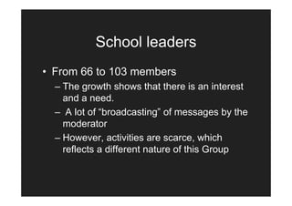 School leaders
• From 66 to 103 members
  – The growth shows that there is an interest
    and a need.
  – A lot of “broadcasting” of messages by the
    moderator
  – However, activities are scarce, which
    reflects a different nature of this Group
 