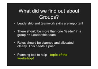 What did we find out about
           Groups?
• Leadership and teamwork skills are important

• There should be more than one “leader” in a
  group => Leadership team

• Roles should be planned and allocated
  clearly. This needs a push.

• Planning tool to help - topic of the
  workshop!
 