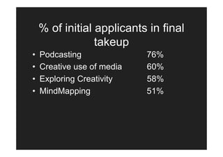 % of initial applicants in final
                 takeup
•   Podcasting              76%
•   Creative use of media   60%
•   Exploring Creativity    58%
•   MindMapping             51%
 