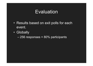 Evaluation

• Results based on exit polls for each
  event.
• Globally
  – 256 responses = 80% participants
 