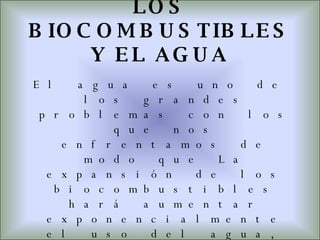 LOS BIOCOMBUSTIBLES Y EL AGUA El agua es uno de los grandes problemas con los que nos enfrentamos de modo que La expansión de los biocombustibles hará aumentar exponencialmente el uso del agua, lo cual agravará mucho la situación Así mismo al aumentar el uso de los pesticidas, hará que aumente su nivel de contaminación. 