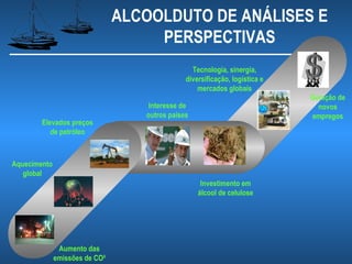 ALCOOLDUTO DE ANÁLISES E
                                     PERSPECTIVAS
                                                 Tecnologia, sinergia,
                                               diversificação, logística e
                                                   mercados globais
                                                                             Geração de
                                    Interesse de                               novos
                                   outros países                             empregos
        Elevados preços
           de petróleo



Aquecimento
   global
                                                    Investimento em
                                                   álcool de celulose




               Aumento das
              emissões de CO²
 