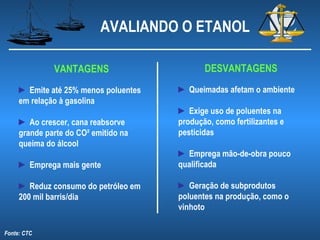 AVALIANDO O ETANOL

              VANTAGENS                       DESVANTAGENS
     ► Emite até 25% menos poluentes   ► Queimadas afetam o ambiente
     em relação à gasolina
                                       ► Exige uso de poluentes na
     ► Ao crescer, cana reabsorve      produção, como fertilizantes e
     grande parte do CO² emitido na    pesticidas
     queima do álcool
                                       ► Emprega mão-de-obra pouco
     ► Emprega mais gente              qualificada

     ► Reduz consumo do petróleo em    ► Geração de subprodutos
     200 mil barris/dia                poluentes na produção, como o
                                       vinhoto

Fonte: CTC
 