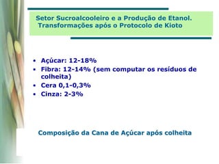 Composição da Cana de Açúcar após colheita
• Açúcar: 12-18%
• Fibra: 12-14% (sem computar os resíduos de
colheita)
• Cera 0,1-0,3%
• Cinza: 2-3%
Setor Sucroalcooleiro e a Produção de Etanol.
Transformações após o Protocolo de Kioto
 