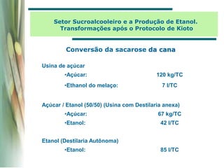 Conversão da sacarose da cana
Usina de açúcar
•Açúcar: 120 kg/TC
•Ethanol do melaço: 7 l/TC
Açúcar / Etanol (50/50) (Usina com Destilaria anexa)
•Açúcar: 67 kg/TC
•Etanol: 42 l/TC
Etanol (Destilaria Autônoma)
•Etanol: 85 l/TC
Setor Sucroalcooleiro e a Produção de Etanol.
Transformações após o Protocolo de Kioto
 