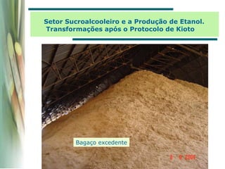 Bagaço excedente
Setor Sucroalcooleiro e a Produção de Etanol.
Transformações após o Protocolo de Kioto
 