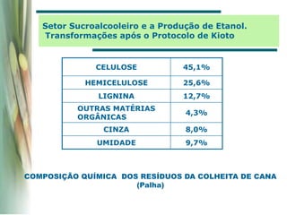 COMPOSIÇÃO QUÍMICA DOS RESÍDUOS DA COLHEITA DE CANA
(Palha)
CELULOSE 45,1%
HEMICELULOSE 25,6%
LIGNINA 12,7%
OUTRAS MATÉRIAS
ORGÂNICAS
4,3%
CINZA 8,0%
UMIDADE 9,7%
Setor Sucroalcooleiro e a Produção de Etanol.
Transformações após o Protocolo de Kioto
 
