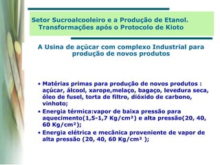 A Usina de açúcar com complexo Industrial para
produção de novos produtos
• Matérias primas para produção de novos produtos :
açúcar, álcool, xarope,melaço, bagaço, levedura seca,
óleo de fusel, torta de filtro, dióxido de carbono,
vinhoto;
• Energia térmica:vapor de baixa pressão para
aquecimento(1,5-1,7 Kg/cm²) e alta pressão(20, 40,
60 Kg/cm²);
• Energia elétrica e mecânica proveniente de vapor de
alta pressão (20, 40, 60 Kg/cm² );
Setor Sucroalcooleiro e a Produção de Etanol.
Transformações após o Protocolo de Kioto
 