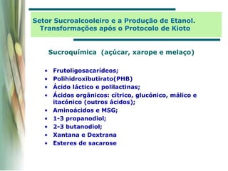 Sucroquímica (açúcar, xarope e melaço)
• Frutoligosacarídeos;
• Polihidroxibutirato(PHB)
• Ácido láctico e polilactinas;
• Ácidos orgânicos: cítrico, glucónico, málico e
itacónico (outros ácidos);
• Aminoácidos e MSG;
• 1-3 propanodiol;
• 2-3 butanodiol;
• Xantana e Dextrana
• Esteres de sacarose
Setor Sucroalcooleiro e a Produção de Etanol.
Transformações após o Protocolo de Kioto
 