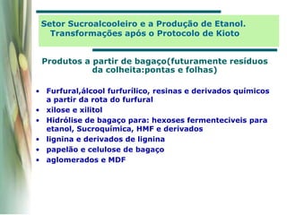 Produtos a partir de bagaço(futuramente resíduos
da colheita:pontas e folhas)
• Furfural,álcool furfurílico, resinas e derivados químicos
a partir da rota do furfural
• xilose e xilitol
• Hidrólise de bagaço para: hexoses fermenteciveis para
etanol, Sucroquímica, HMF e derivados
• lignina e derivados de lignina
• papelão e celulose de bagaço
• aglomerados e MDF
Setor Sucroalcooleiro e a Produção de Etanol.
Transformações após o Protocolo de Kioto
 