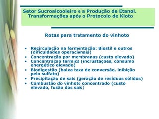 Setor Sucroalcooleiro e a Produção de Etanol.
Transformações após o Protocolo de Kioto
• Recirculação na fermentação: Biostil e outros
(dificuldades operacionais)
• Concentração por membranas (custo elevado)
• Concentração térmica (incrustações, consumo
energético elevado)
• Biodigestão (baixa taxa de conversão, inibição
pelo sulfato)
• Precipitação de sais (geração de resíduos sólidos)
• Combustão do vinhoto concentrado (custo
elevado, fusão dos sais)
Rotas para tratamento do vinhoto
 