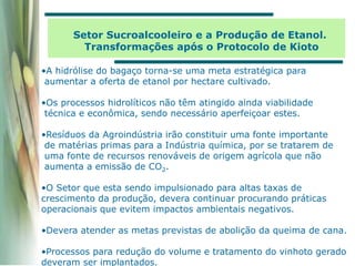 Setor Sucroalcooleiro e a Produção de Etanol.
Transformações após o Protocolo de Kioto
•A hidrólise do bagaço torna-se uma meta estratégica para
aumentar a oferta de etanol por hectare cultivado.
•Os processos hidrolíticos não têm atingido ainda viabilidade
técnica e econômica, sendo necessário aperfeiçoar estes.
•Resíduos da Agroindústria irão constituir uma fonte importante
de matérias primas para a Indústria química, por se tratarem de
uma fonte de recursos renováveis de origem agrícola que não
aumenta a emissão de CO2.
•O Setor que esta sendo impulsionado para altas taxas de
crescimento da produção, devera continuar procurando práticas
operacionais que evitem impactos ambientais negativos.
•Devera atender as metas previstas de abolição da queima de cana.
•Processos para redução do volume e tratamento do vinhoto gerado
deveram ser implantados.
 
