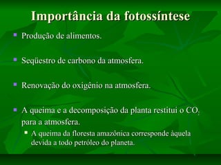 Importância da fotossínteseImportância da fotossíntese
 Produção de alimentos.Produção de alimentos.
 Seqüestro de carbono da atmosfera.Seqüestro de carbono da atmosfera.
 Renovação do oxigênio na atmosfera.Renovação do oxigênio na atmosfera.
 A queima e a decomposição da planta restitui o COA queima e a decomposição da planta restitui o CO22
para a atmosfera.para a atmosfera.
 A queima da floresta amazônica corresponde àquelaA queima da floresta amazônica corresponde àquela
devida a todo petróleo do planeta.devida a todo petróleo do planeta.
 