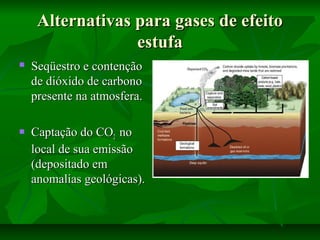 Alternativas para gases de efeitoAlternativas para gases de efeito
estufaestufa
 Seqüestro e contençãoSeqüestro e contenção
de dióxido de carbonode dióxido de carbono
presente na atmosfera.presente na atmosfera.
 Captação do COCaptação do CO22 nono
local de sua emissãolocal de sua emissão
(depositado em(depositado em
anomalias geológicas).anomalias geológicas).
 