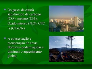  Os gases de estufaOs gases de estufa
são:dióxido de carbonosão:dióxido de carbono
(CO(CO22), metano (CH), metano (CH44),),
Óxido nitroso (NÓxido nitroso (N22O), CFCO), CFC
´s (CFxClx).´s (CFxClx).
 A conservação eA conservação e
recuperação de áreasrecuperação de áreas
florestais podem ajudar aflorestais podem ajudar a
diminuir o aquecimentodiminuir o aquecimento
global.global.
 