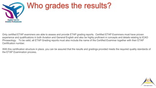 Who grades the results?
Only certified ETAP examiners are able to assess and provide ETAP grading reports. Certified ETAP Examiners must have proven
experience and qualifications in both Aviation and General English and also be highly proficient in concepts and details relating to ICAO
Phraseology. To be valid, all ETAP Grading reports must also include the name of the Certified Examiner together with their ETAP
Certification number.
With this certification structure in place, you can be assured that the results and gradings provided meets the required quality standards of
the ETAP Examination process.
 