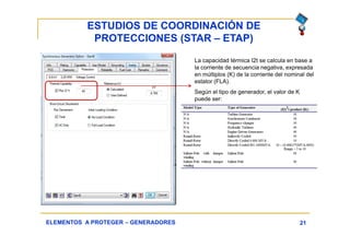 ESTUDIOS DE COORDINACIÓN DE
PROTECCIONES (STAR – ETAP)
21ELEMENTOS A PROTEGER – GENERADORES
La capacidad térmica I2t se calcula en base a
la corriente de secuencia negativa, expresada
en múltiplos (K) de la corriente del nominal del
estator (FLA).
Según el tipo de generador, el valor de K
puede ser:
 
