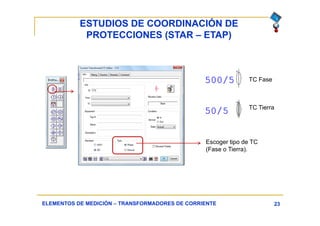 ESTUDIOS DE COORDINACIÓN DE
PROTECCIONES (STAR – ETAP)
23ELEMENTOS DE MEDICIÓN – TRANSFORMADORES DE CORRIENTE
Escoger tipo de TC
(Fase o Tierra).
TC Fase
TC Tierra
 