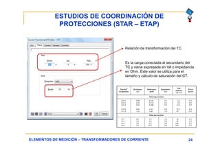 ESTUDIOS DE COORDINACIÓN DE
PROTECCIONES (STAR – ETAP)
24ELEMENTOS DE MEDICIÓN – TRANSFORMADORES DE CORRIENTE
Relación de transformación del TC.
Es la carga conectada al secundario del
TC y viene expresada en VA o impedancia
en Ohm. Este valor se utiliza para el
tamaño y cálculo de saturación del CT.
 