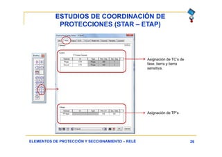 ESTUDIOS DE COORDINACIÓN DE
PROTECCIONES (STAR – ETAP)
26ELEMENTOS DE PROTECCIÓN Y SECCIONAMIENTO – RELÉ
Asignación de TC’s de
fase, tierra y tierra
sensitiva.
Asignación de TP’s
 