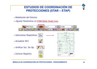 ESTUDIOS DE COORDINACIÓN DE
PROTECCIONES (STAR – ETAP)
41
 Modelación del Sistema
 Ajustar Parámetros en STAR Mode Study Case
 Seleccionar Dispositivos
 Actualizar NCC
 Verificar Sec. De Op.
 Generar Reportes
MÓDULO DE COORDINACIÓN DE PROTECCIONES - PROCEDIMIENTO
 