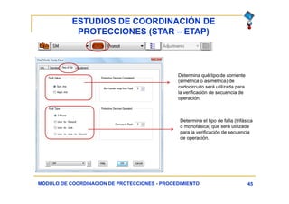 ESTUDIOS DE COORDINACIÓN DE
PROTECCIONES (STAR – ETAP)
45MÓDULO DE COORDINACIÓN DE PROTECCIONES - PROCEDIMIENTO
Determina qué tipo de corriente
(simétrica o asimétrica) de
cortocircuito será utilizada para
la verificación de secuencia de
operación.
Determina el tipo de falla (trifásica
o monofásica) que será utilizada
para la verificación de secuencia
de operación.
 