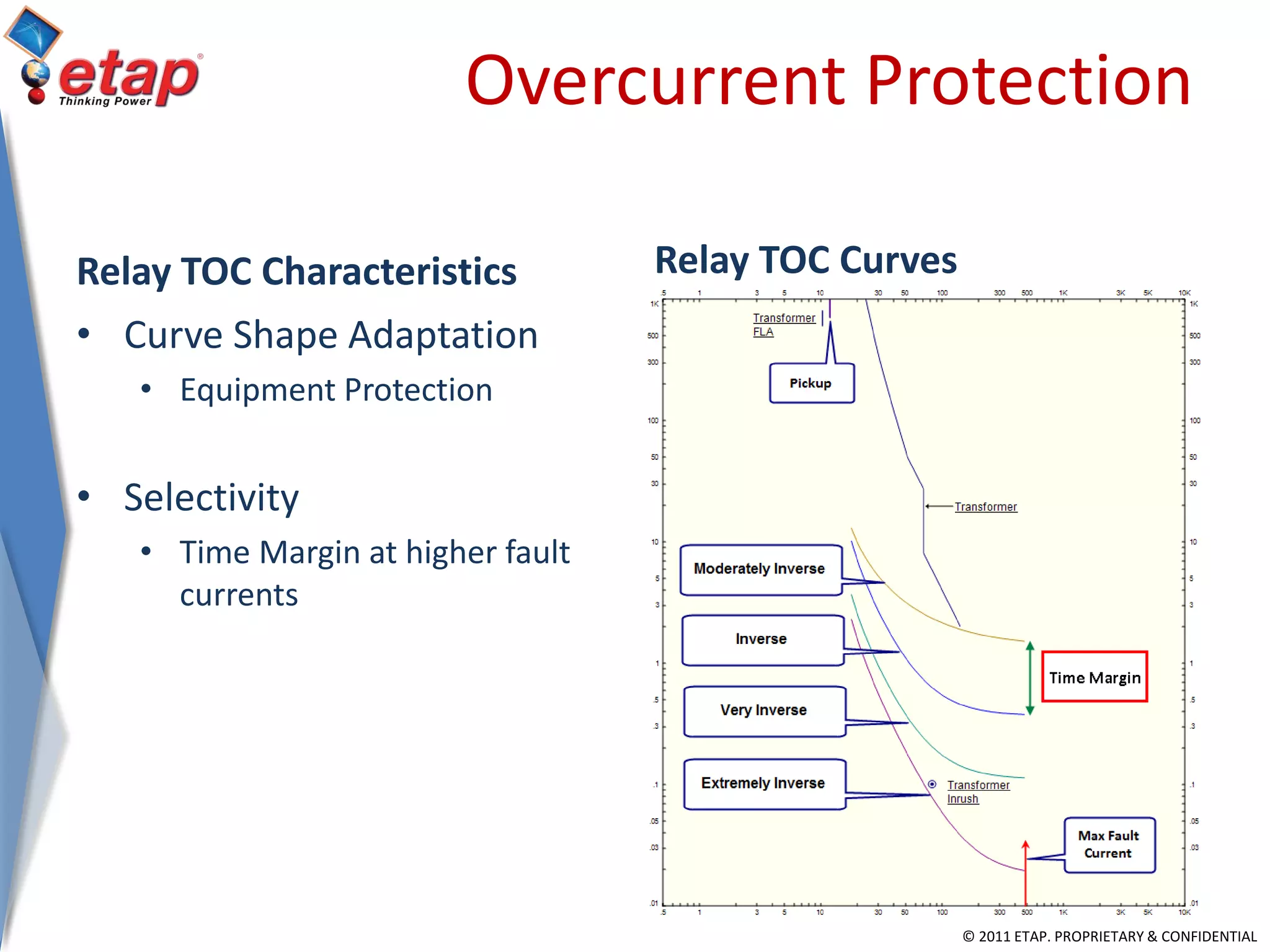 © 2011 ETAP. PROPRIETARY & CONFIDENTIAL
Overcurrent Protection
Relay TOC Characteristics Relay TOC Curves
• Curve Shape Adaptation
• Equipment Protection
• Selectivity
• Time Margin at higher fault
currents
 