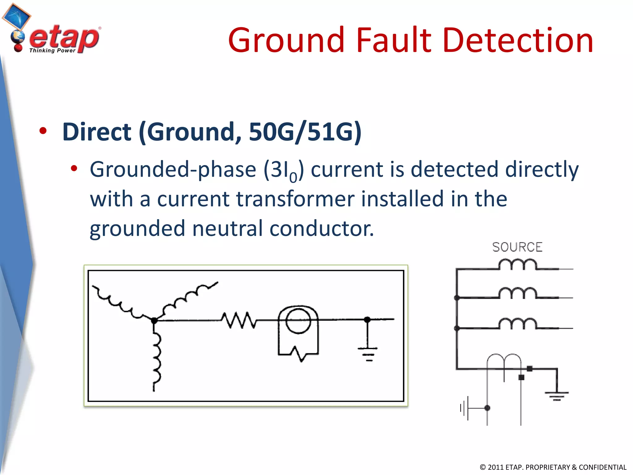 © 2011 ETAP. PROPRIETARY & CONFIDENTIAL
Ground Fault Detection
• Direct (Ground, 50G/51G)
• Grounded-phase (3I0) current is detected directly
with a current transformer installed in the
grounded neutral conductor.
 