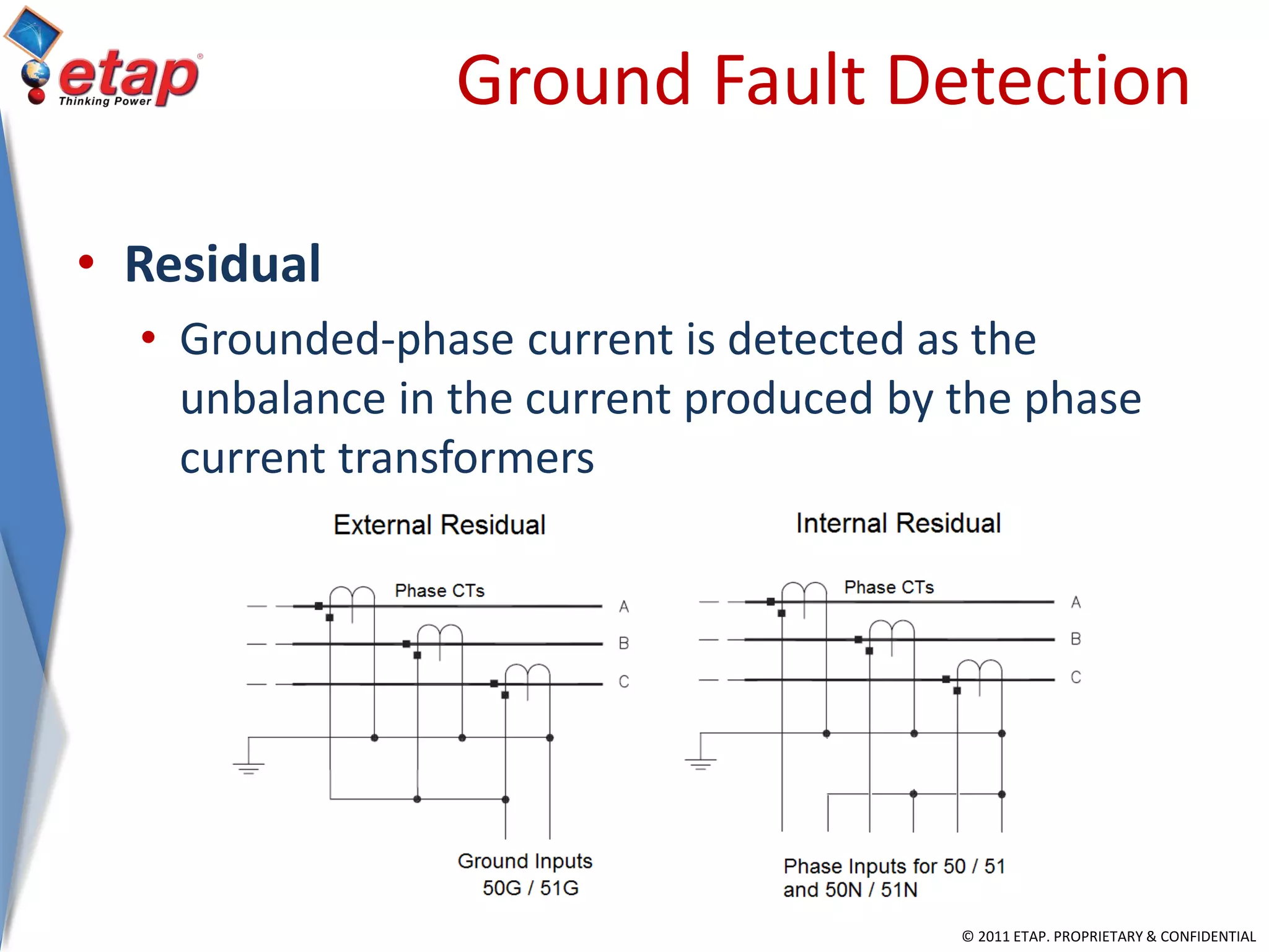 © 2011 ETAP. PROPRIETARY & CONFIDENTIAL
Ground Fault Detection
• Residual
• Grounded-phase current is detected as the
unbalance in the current produced by the phase
current transformers
 