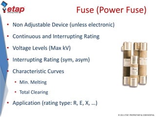 © 2011 ETAP. PROPRIETARY & CONFIDENTIAL
Fuse (Power Fuse)
• Non Adjustable Device (unless electronic)
• Continuous and Interrupting Rating
• Voltage Levels (Max kV)
• Interrupting Rating (sym, asym)
• Characteristic Curves
• Min. Melting
• Total Clearing
• Application (rating type: R, E, X, …)
 