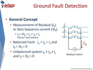 © 2011 ETAP. PROPRIETARY & CONFIDENTIAL
Ground Fault Detection
• General Concept
• Measurement of Residual (IR)
or Zero Sequence current (3I0)
• IR = 3I0 = Ia + Ib + Ic
(Vector Summation)
• Balanced Fault: Ia = Ib = Ic and
IR = 3I0 = 0
• Unbalanced system Ia ≠ Ib ≠ Ic
and IR = 3I0 > 0
 