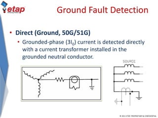 © 2011 ETAP. PROPRIETARY & CONFIDENTIAL
Ground Fault Detection
• Direct (Ground, 50G/51G)
• Grounded-phase (3I0) current is detected directly
with a current transformer installed in the
grounded neutral conductor.
 