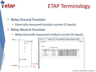 © 2011 ETAP. PROPRIETARY & CONFIDENTIAL
ETAP Terminology
• Relay Ground Function
• Externally measured residual current (2 inputs)
• Relay Neutral Function
• Relay internally measured residual current (6 inputs)
 