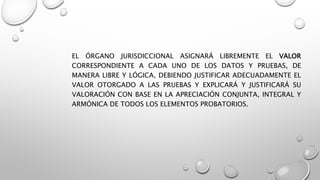 EL ÓRGANO JURISDICCIONAL ASIGNARÁ LIBREMENTE EL VALOR
CORRESPONDIENTE A CADA UNO DE LOS DATOS Y PRUEBAS, DE
MANERA LIBRE Y LÓGICA, DEBIENDO JUSTIFICAR ADECUADAMENTE EL
VALOR OTORGADO A LAS PRUEBAS Y EXPLICARÁ Y JUSTIFICARÁ SU
VALORACIÓN CON BASE EN LA APRECIACIÓN CONJUNTA, INTEGRAL Y
ARMÓNICA DE TODOS LOS ELEMENTOS PROBATORIOS.
 