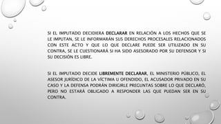 SI EL IMPUTADO DECIDIERA DECLARAR EN RELACIÓN A LOS HECHOS QUE SE
LE IMPUTAN, SE LE INFORMARÁN SUS DERECHOS PROCESALES RELACIONADOS
CON ESTE ACTO Y QUE LO QUE DECLARE PUEDE SER UTILIZADO EN SU
CONTRA, SE LE CUESTIONARÁ SI HA SIDO ASESORADO POR SU DEFENSOR Y SI
SU DECISIÓN ES LIBRE.
SI EL IMPUTADO DECIDE LIBREMENTE DECLARAR, EL MINISTERIO PÚBLICO, EL
ASESOR JURÍDICO DE LA VÍCTIMA U OFENDIDO, EL ACUSADOR PRIVADO EN SU
CASO Y LA DEFENSA PODRÁN DIRIGIRLE PREGUNTAS SOBRE LO QUE DECLARÓ,
PERO NO ESTARÁ OBLIGADO A RESPONDER LAS QUE PUEDAN SER EN SU
CONTRA.
 