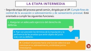 LA ETAPA INTERMEDIA
• Segunda etapa del proceso penal común, dirigida por el JIP. Cumple fines de
control de la acusación o sobreseimiento y de saneamiento procesal. Está
orientado a cumplir las siguientes funciones:
1. Asegurar un adecuado ejercicio del derecho de
defensa.
II. Fijar con precisión los términos de la imputación y la
pertinencia de las pruebas que serán objeto del juicio
oral; o en su defecto.
III.Conducir el proceso hacia una función selectiva que
concluya en su sobreseimiento, evitándose juicios
innecesarios.
 