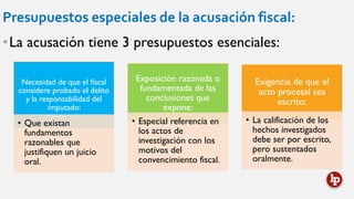 Presupuestos especiales de la acusación fiscal:
•La acusación tiene 3 presupuestos esenciales:
Necesidad de que el fiscal
considere probado el delito
y la responsabilidad del
imputado:
• Que existan
fundamentos
razonables que
justifiquen un juicio
oral.
Exposición razonada o
fundamentada de las
conclusiones que
expone:
• Especial referencia en
los actos de
investigación con los
motivos del
convencimiento fiscal.
Exigencia de que el
acto procesal sea
escrito:
• La calificación de los
hechos investigados
debe ser por escrito,
pero sustentados
oralmente.
 