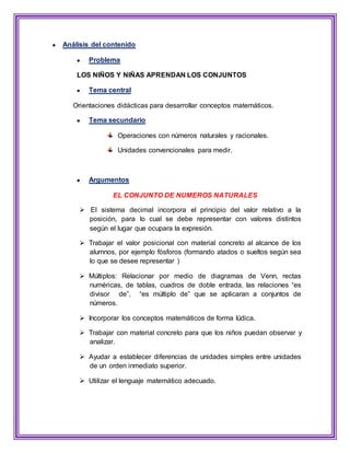 Análisis del contenido
Problema
LOS NIÑOS Y NIÑAS APRENDAN LOS CONJUNTOS
Tema central
Orientaciones didácticas para desarrollar conceptos matemáticos.
Tema secundario
Operaciones con números naturales y racionales.
Unidades convencionales para medir.
Argumentos
EL CONJUNTO DE NUMEROS NATURALES
 El sistema decimal incorpora el principio del valor relativo a la
posición, para lo cual se debe representar con valores distintos
según el lugar que ocupara la expresión.
 Trabajar el valor posicional con material concreto al alcance de los
alumnos, por ejemplo fósforos (formando atados o sueltos según sea
lo que se desee representar )
 Múltiplos: Relacionar por medio de diagramas de Venn, rectas
numéricas, de tablas, cuadros de doble entrada, las relaciones “es
divisor de”, “es múltiplo de” que se aplicaran a conjuntos de
números.
 Incorporar los conceptos matemáticos de forma lúdica.
 Trabajar con material concreto para que los niños puedan observar y
analizar.
 Ayudar a establecer diferencias de unidades simples entre unidades
de un orden inmediato superior.
 Utilizar el lenguaje matemático adecuado.
 