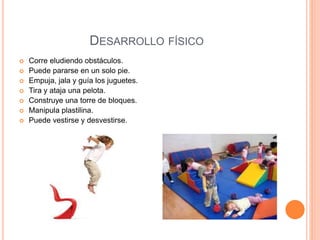 DESARROLLO FÍSICO
 Corre eludiendo obstáculos.
 Puede pararse en un solo pie.
 Empuja, jala y guía los juguetes.
 Tira y ataja una pelota.
 Construye una torre de bloques.
 Manipula plastilina.
 Puede vestirse y desvestirse.
 